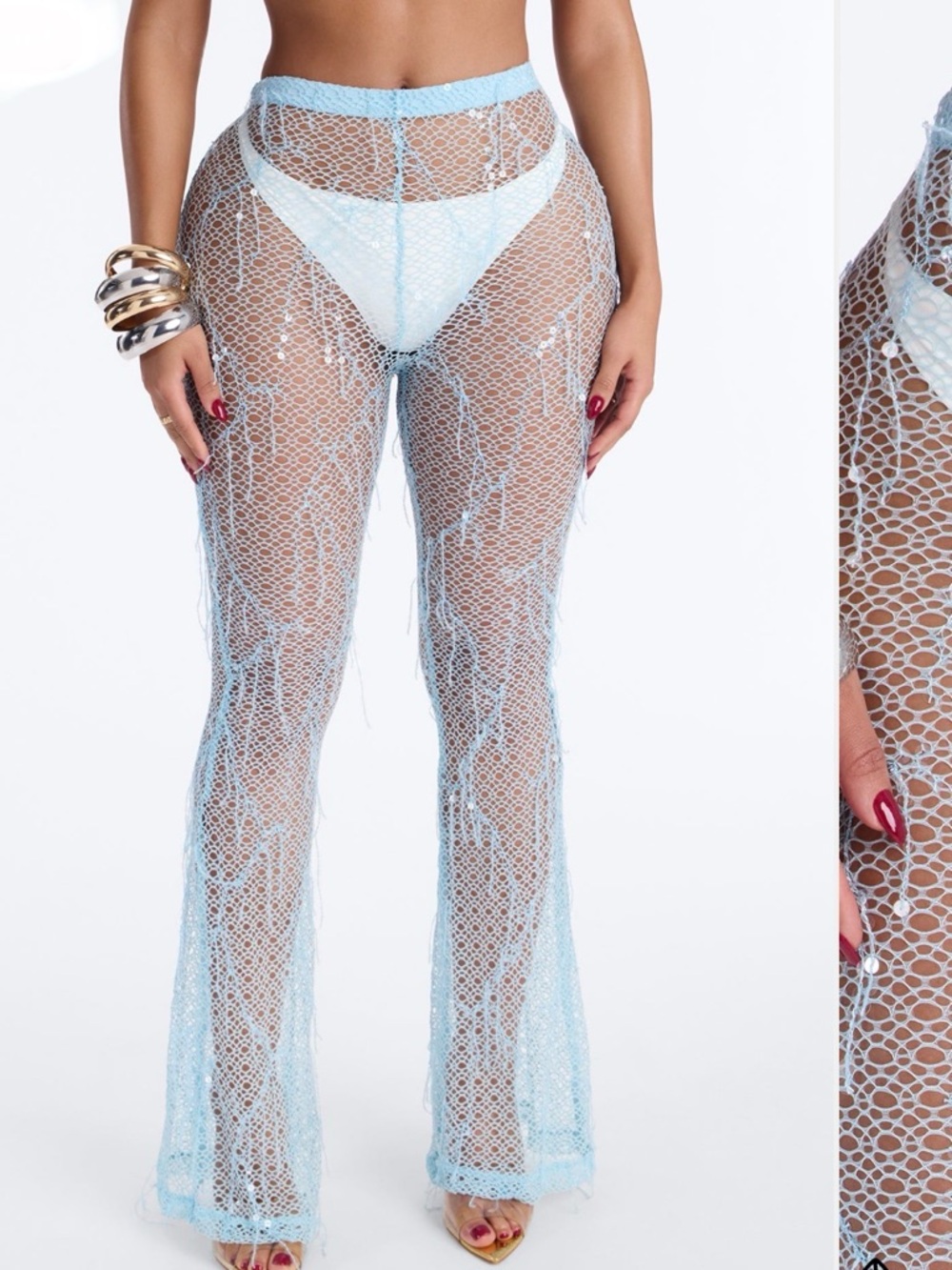 Fashion Nova Light Blue Sheer Sequins Swim Coverup Pants